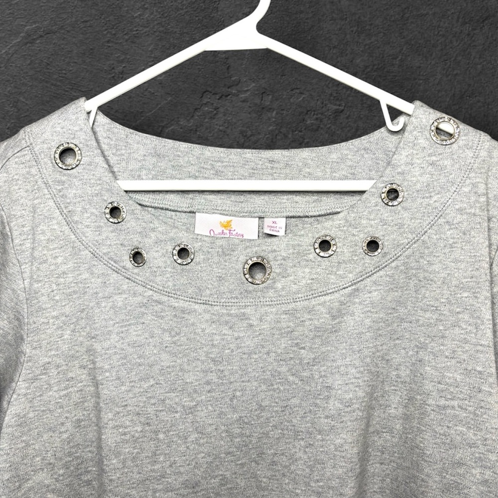 Quacker Factory Grommet Neckline 3/4 Sleeve Top Heathered Gray Knit XL - Picture 3 of 14